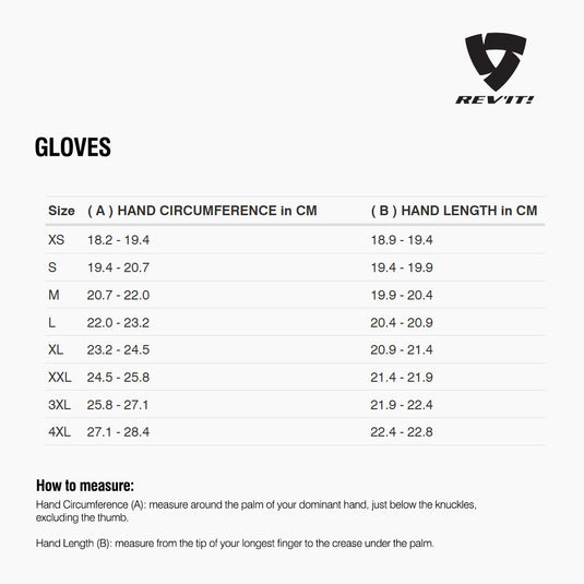 Size chart for REVIT Gloves - Mens