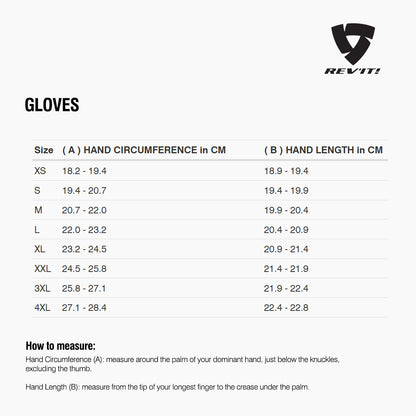 Size chart for REVIT Gloves - Mens