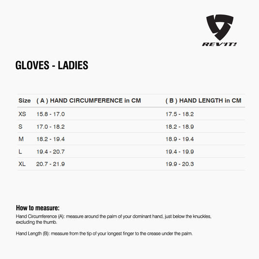 Size chart for REVIT Gloves - Ladies