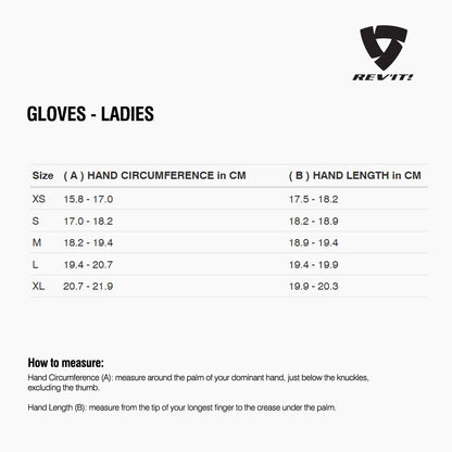 Size chart for REVIT Gloves - Ladies