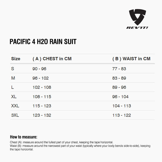 Size chart for REVIT Pacific 4 H2O Rainsuit