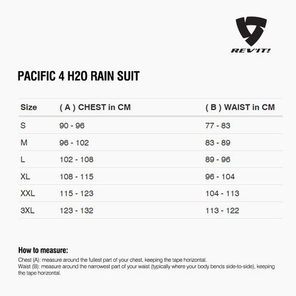 Size chart for REVIT Pacific 4 H2O Rainsuit