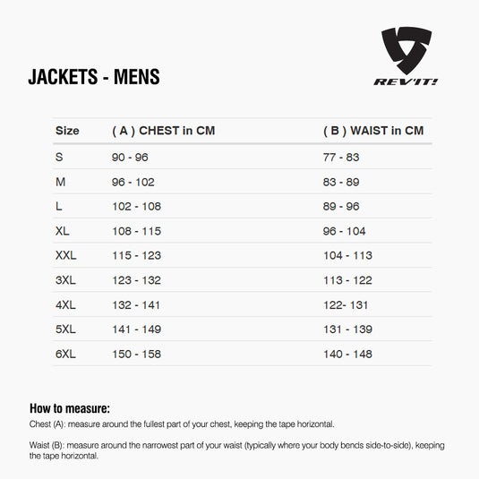 Size chart for REVIT Jackets - Mens