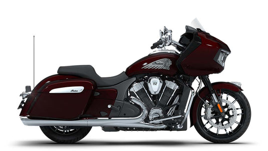 A side profile view of an 2026 Indian Challenger Limited Motorcycle touring bike in deep burgundy with chrome accents, black seat, and saddlebags, set against a plain white background.