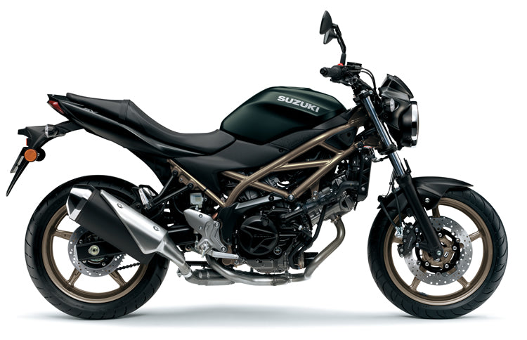 Load image into Gallery viewer, A black 2025 Suzuki SV 650 A motorcycle with a treble-cradle frame and bronze-colored wheels, shown in a side profile on a white background.
