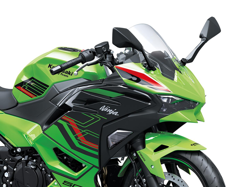 Load image into Gallery viewer, A green and black Kawasaki Ninja 500 sport motorcycle shown from a front three-quarter angle against a solid white background.
