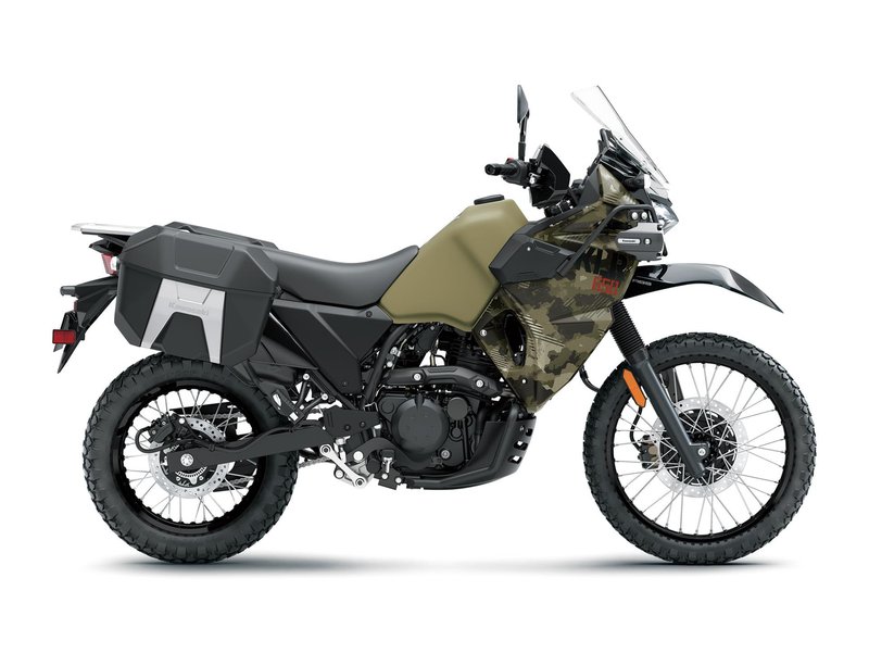 Load image into Gallery viewer, A 2026 Kawasaki KLR650 Adventure (LAMS) motorcycle in a matte olive green and black camouflage pattern, shown from a side profile on a white background.
