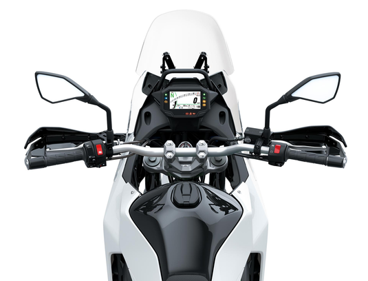 Close-up of a motorcycle's handlebar and dashboard on a white background