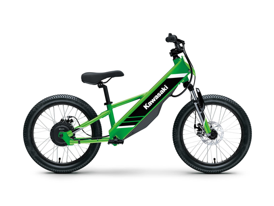 Green and black Kawasaki kids electric bike on a white background
