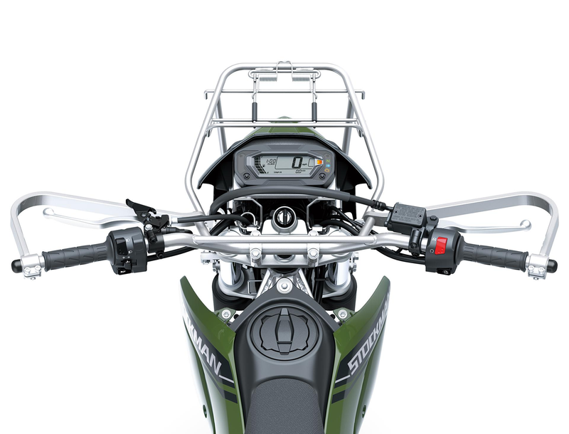 Load image into Gallery viewer, A close-up top-down view of a motorcycle's handlebars, digital dashboard, and front luggage rack, mounted on a green and black bike.
