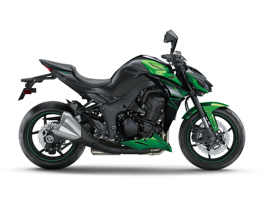A side profile view of a Kawasaki Z1000 sport motorcycle, featuring a black and green color scheme with silver accents on the exhaust and wheels, set against a plain white background.