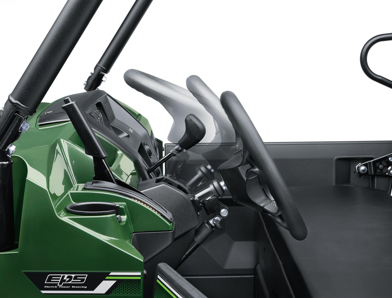 Load image into Gallery viewer, Close-up of a green side x side interior with steering wheel and dashboard.
