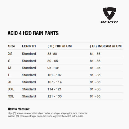Size chart for REVIT Acid 4 H2O Rain Pants