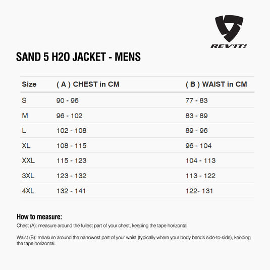 Size chart for REVIT Sand 5 Jacket - Mens