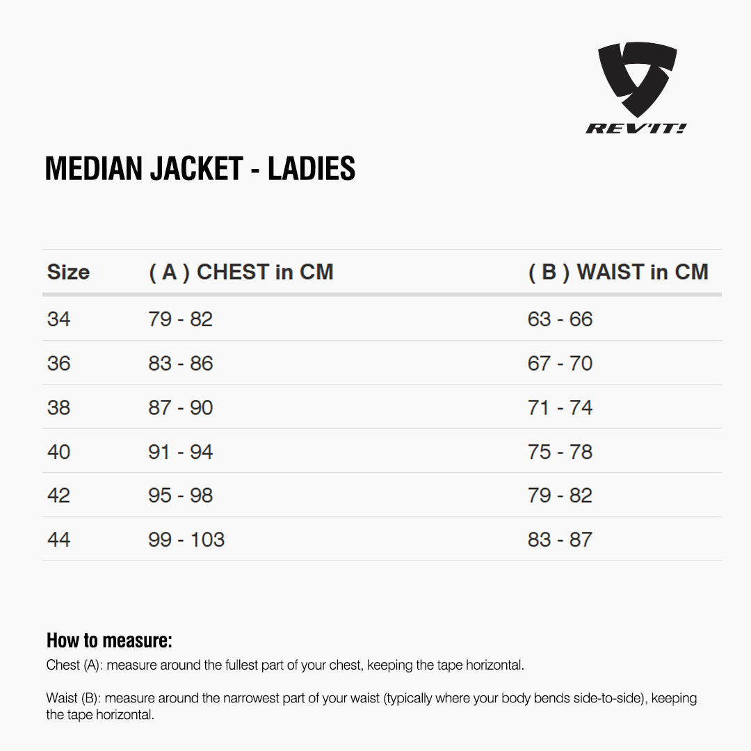 Size chart for REVIT Median Jacket - Ladies