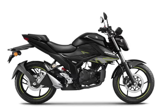 A black 2025 Suzuki GSX150 LAMS motorcycle with lime green accents, shown from a side profile view against a plain white background.