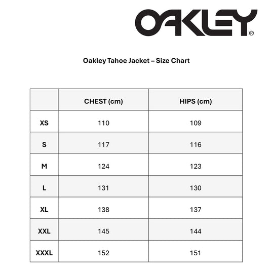 Oakley Tahoe Jacket size chart