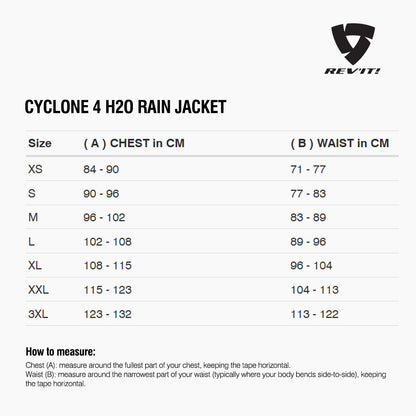 Size chart for REVIT Cyclone 4 H2O Rain Jacket
