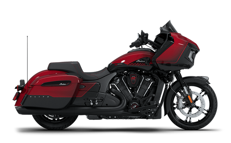 Load image into Gallery viewer, A red and black 2026 Indian Challenger 125th Anniversary motorcycle shown in a side profile view against a solid white background.
