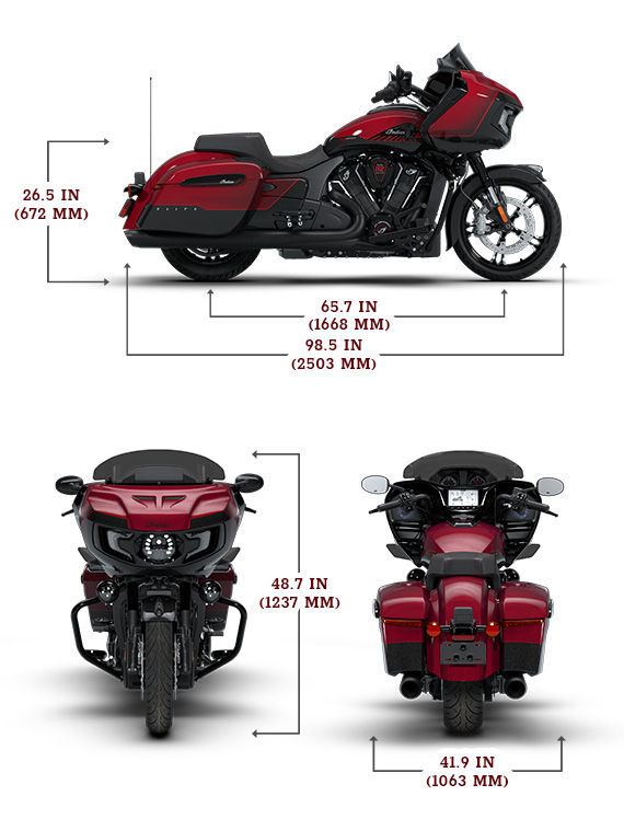 Load image into Gallery viewer, A red and black 2026 Indian Challenger 125th Anniversary motorcycle shown on a white background with dimension callouts for side, front, and rear views, including measurements in inches and millimeters.
