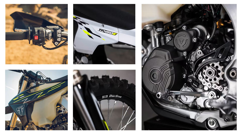Load image into Gallery viewer, A six-panel collage showing close-up details of a Triumph TF 450-E motorcycle: handlebar controls, body panel graphics, engine components, front fender, tire sidewall, and side bodywork.
