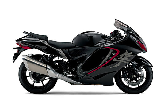 A black 2026 Suzuki Hayabusa GSX 1300 RR supersport motorcycle with red and gray graphic decals, shown in a side profile on a white background.