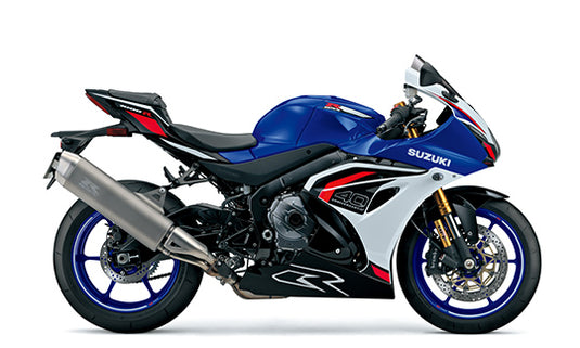 A 2027 Suzuki GSX-R 1000 R supersport motorcycle in blue, white, and red livery, shown from a side profile view against a plain white background.