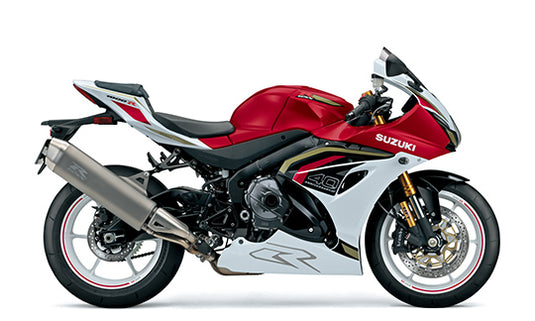 2027 Suzuki GSX-R 1000 R supersport motorcycle in red, white, and black with gold accents, shown from a side profile on a white background.
