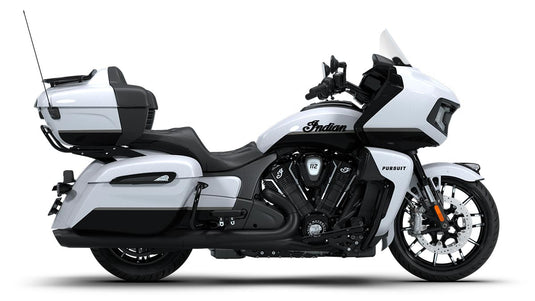 A white and black 2026 Indian Pursuit Dark Horse motorcycle shown from a side profile view against a plain white background.