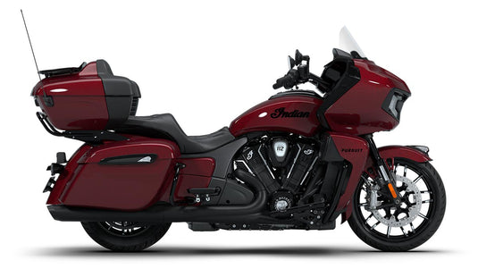 A side profile view of a red and black 2026 Indian Pursuit Dark Horse motorcycle on a clean white background.