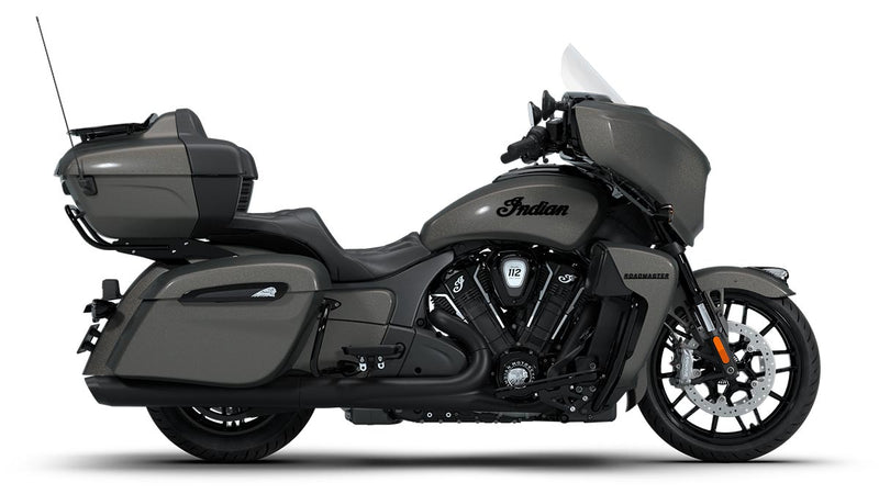 Load image into Gallery viewer, A side profile view of a 2026 Indian Roadmaster Dark Horse touring bike in matte dark gray, featuring a large windshield, saddlebags, a top case, and a windshield wiper, set against a plain white background.

