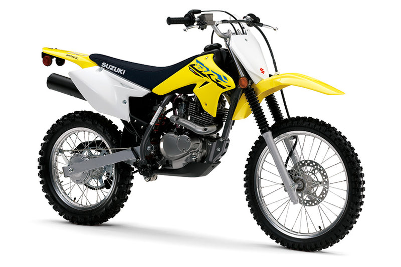Load image into Gallery viewer, A 2023 Suzuki DR-Z125 Small Wheel bike with a yellow and white color scheme, black seat, and silver engine components, photographed on a clean white background.
