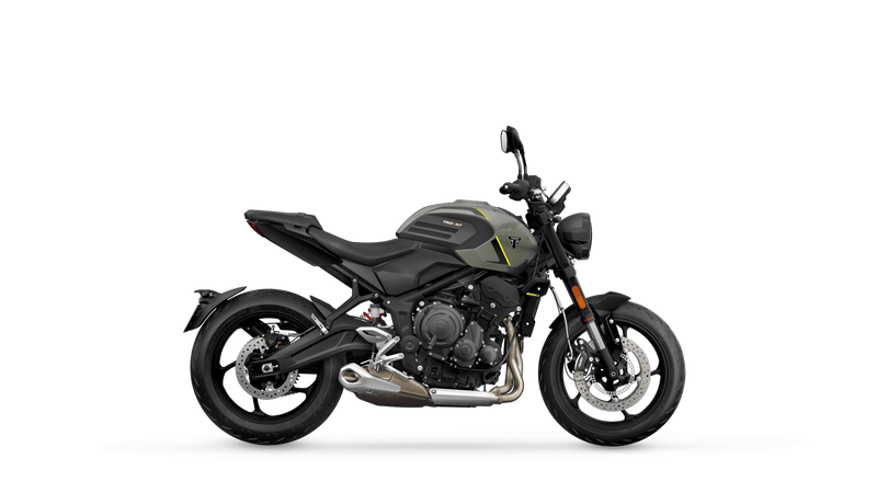 Load image into Gallery viewer, A side profile view of a Stone Grey 2026 Triumph Trident 660 LAMS motorcycle with a small yellow accent on the fuel tank, set against a solid white background.

