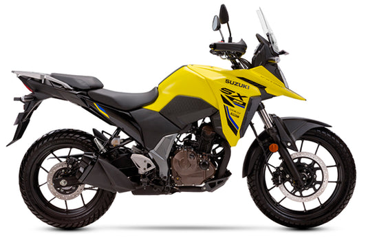 A 2025 Suzuki V-Strom 250SX motorcycle in Champion Yellow No.2 against a white background, for sale from Cyclespot Group